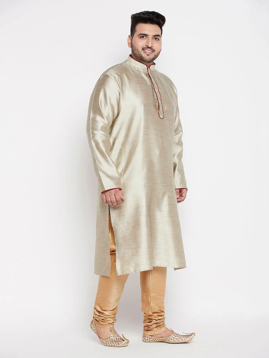 Jashvi Men's Plus Size Beige Woven Kurta And Rose Gold Pyjama Set