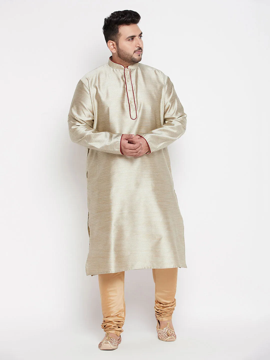 Jashvi Men's Plus Size Beige Woven Kurta And Rose Gold Pyjama Set