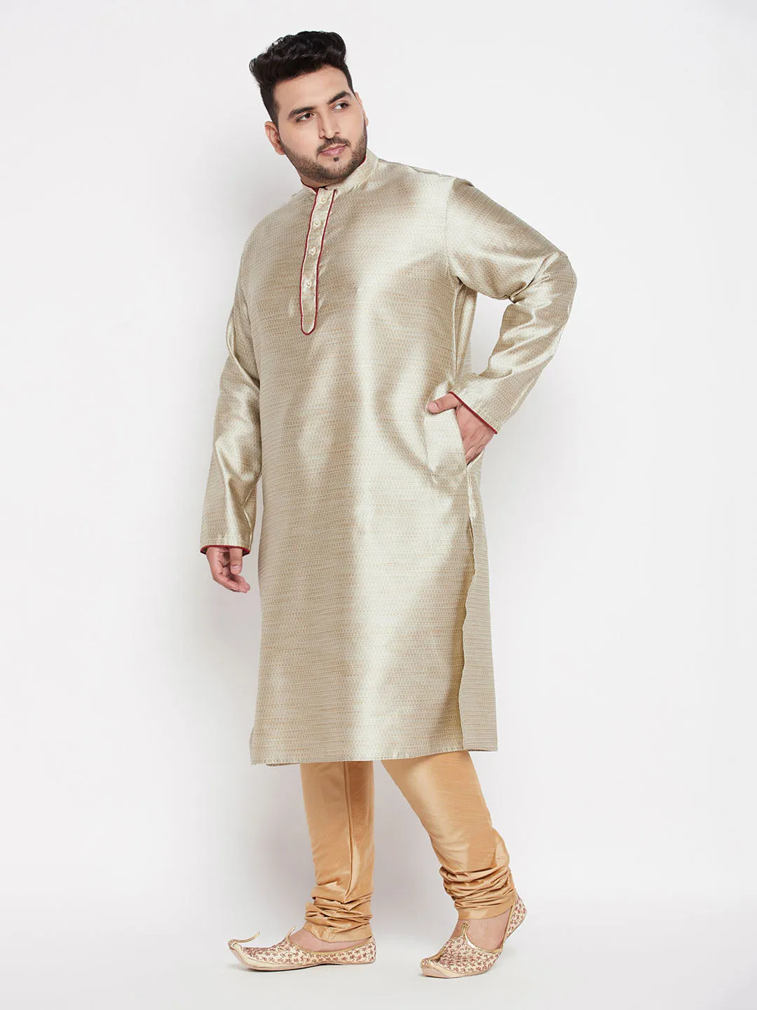 Jashvi Men's Plus Size Beige Woven Kurta And Rose Gold Pyjama Set