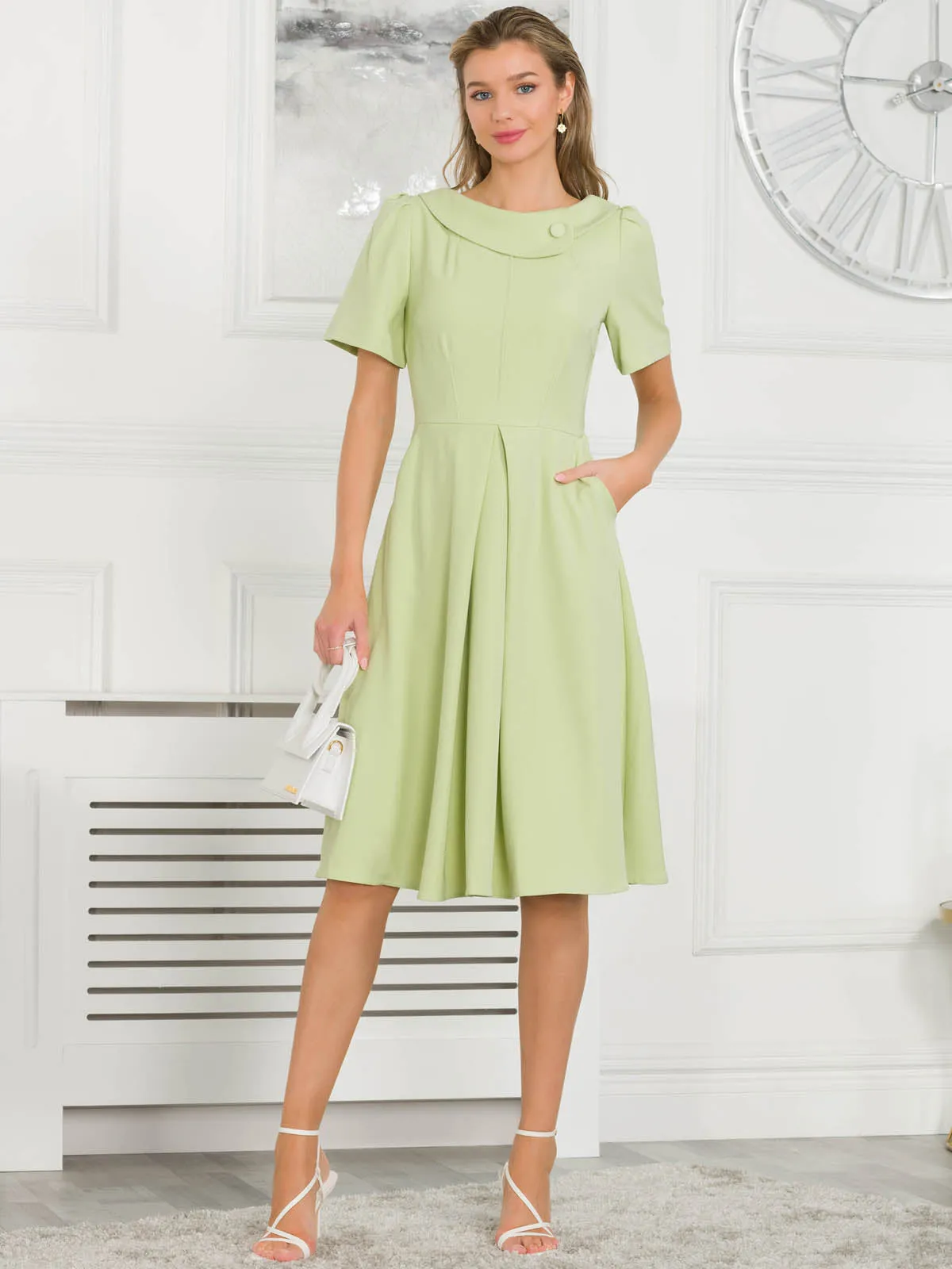 Jolie Moi Debora Button Neck Dress, Citrus Green