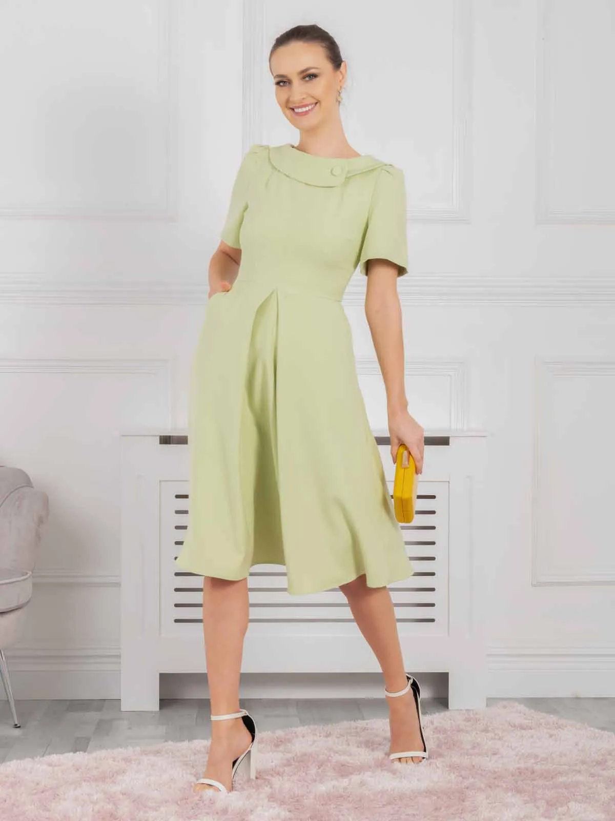 Jolie Moi Debora Button Neck Dress, Citrus Green