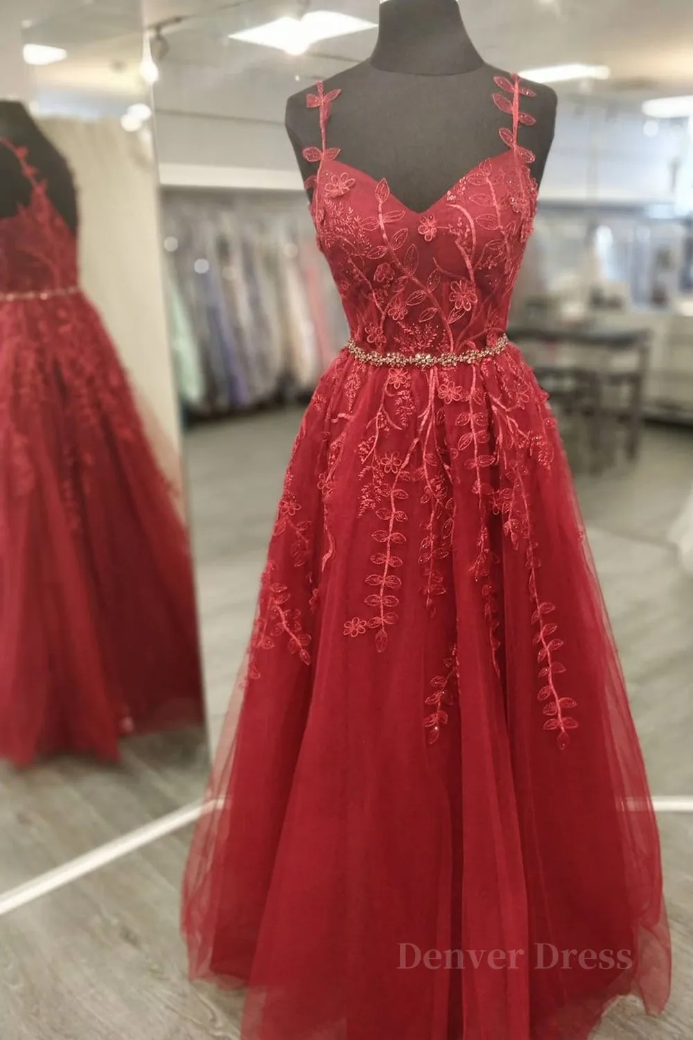 kamahe A Line V Neck and V Back Burgundy Lace Floral Long Prom Dress, Burgundy Lace Formal Evening Dress