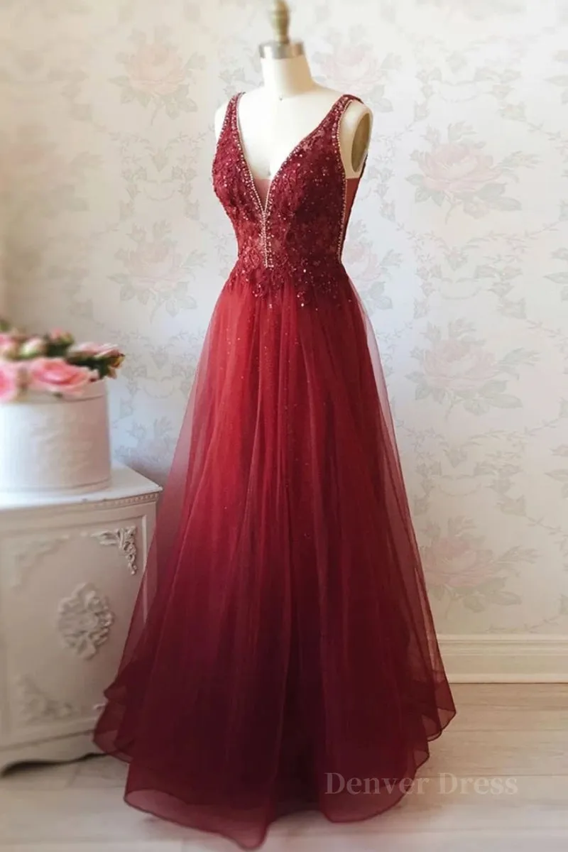 kamahe A Line V Neck and V Back Long Beading Lace Burgundy Prom Dress, Lace Burgundy Formal Graduation Evening Dress