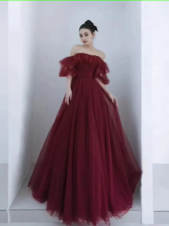 kamahe Ball Gown Burgundy Off The Shoulder Prom Dresses Evening Dress