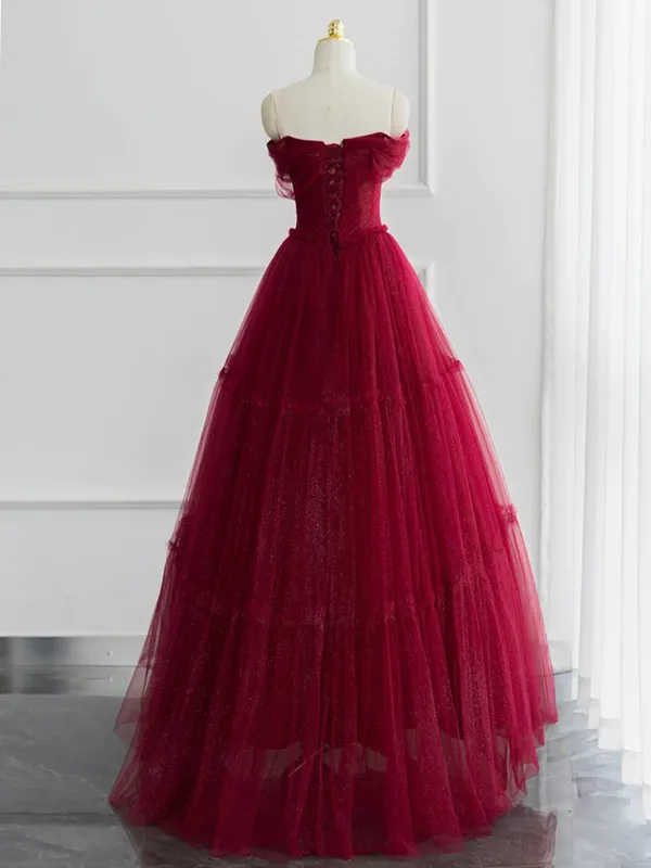 kamahe Burgundy A-line Off Shoulder Tulle Shiny Long Prom Dress