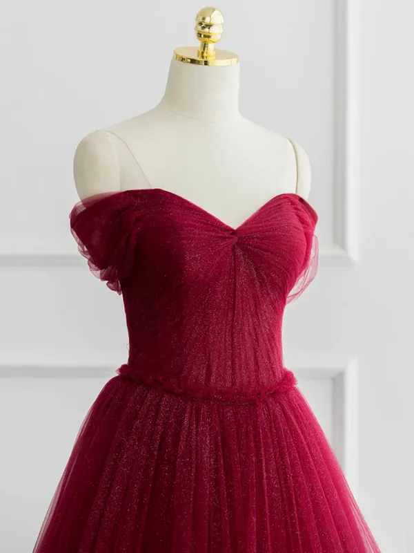 kamahe Burgundy A-line Off Shoulder Tulle Shiny Long Prom Dress