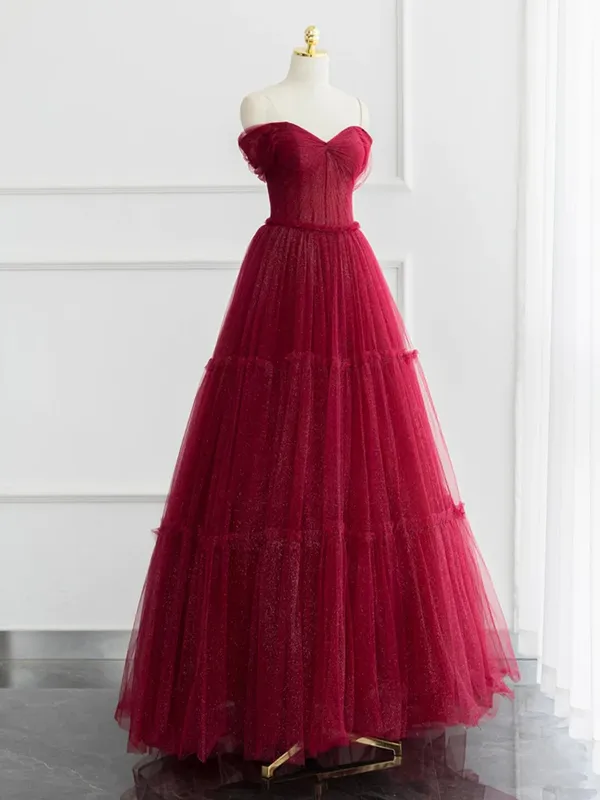 kamahe Burgundy A-line Off Shoulder Tulle Shiny Long Prom Dress