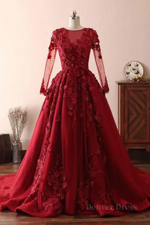 kamahe Burgundy round neck lace long prom dress burgundy evening dress