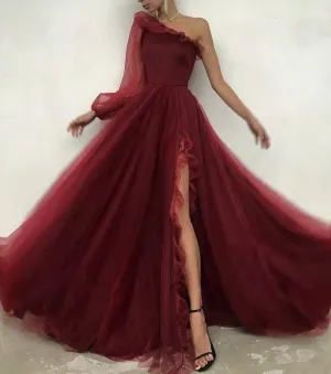 kamahe Burgundy tulle prom dress one shoulder evening dress