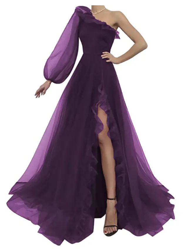 kamahe Burgundy tulle prom dress one shoulder evening dress