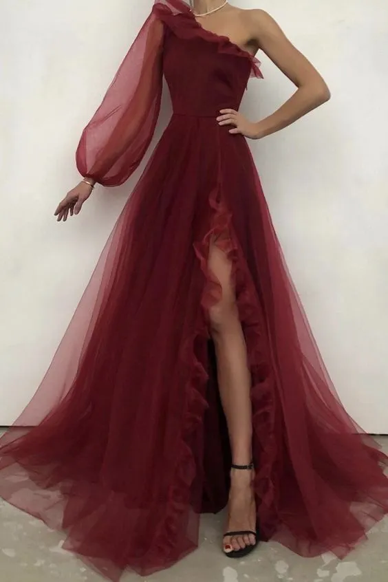 kamahe Burgundy tulle prom dress one shoulder evening dress