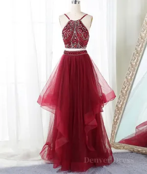 kamahe Burgundy two pieces beads long prom dress, burgundy evening dress