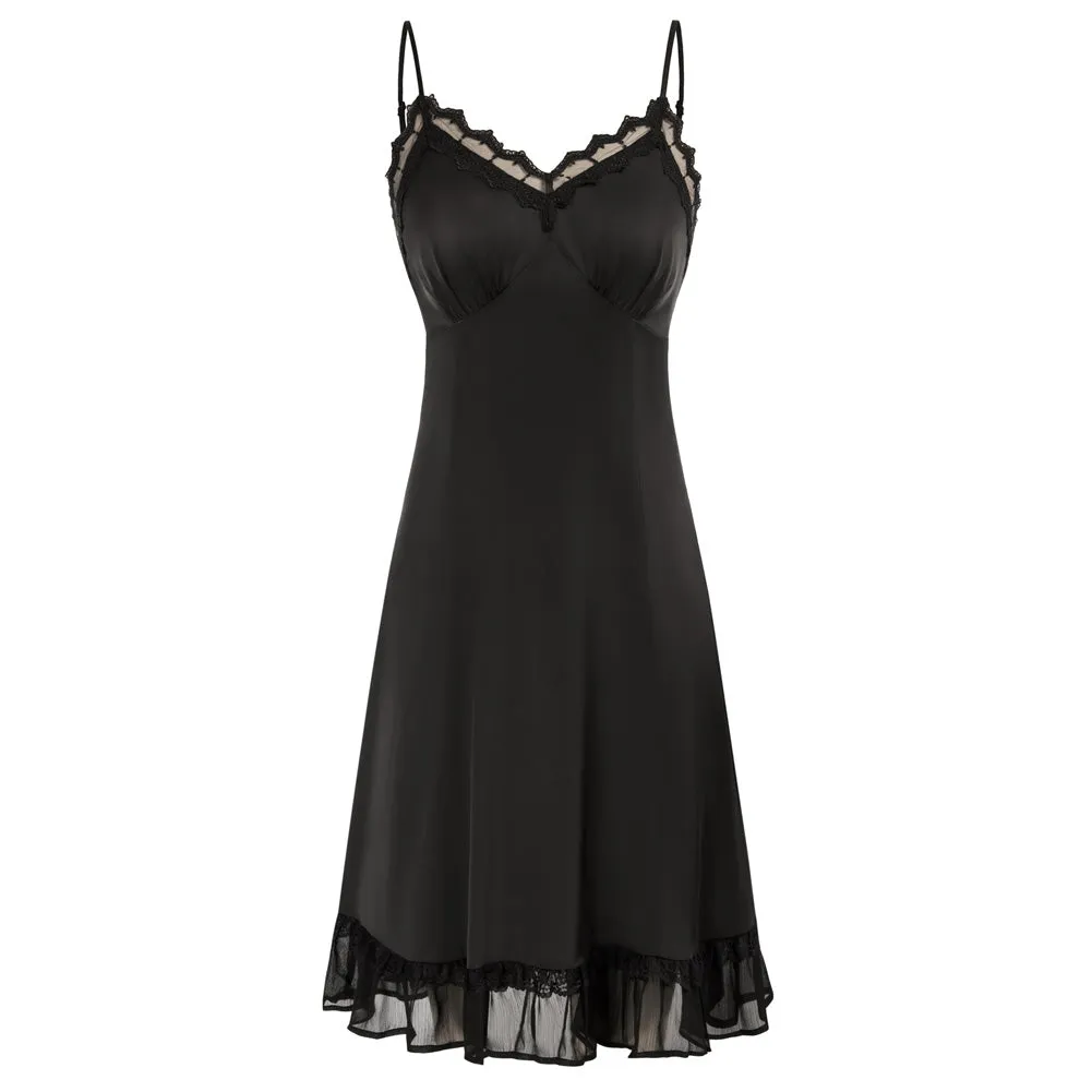 Lace Trim Full Slip Comfy Spaghetti Strap V-Neck Ruffled Hem Slip Dress