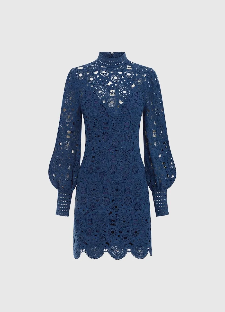 Leo Lin Daisy Crochet Long Sleeve Mini Dress - Navy