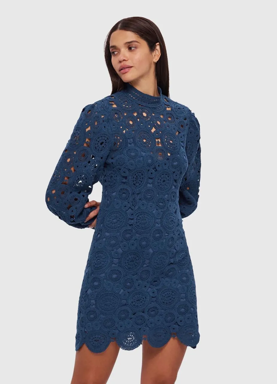 Leo Lin Daisy Crochet Long Sleeve Mini Dress - Navy