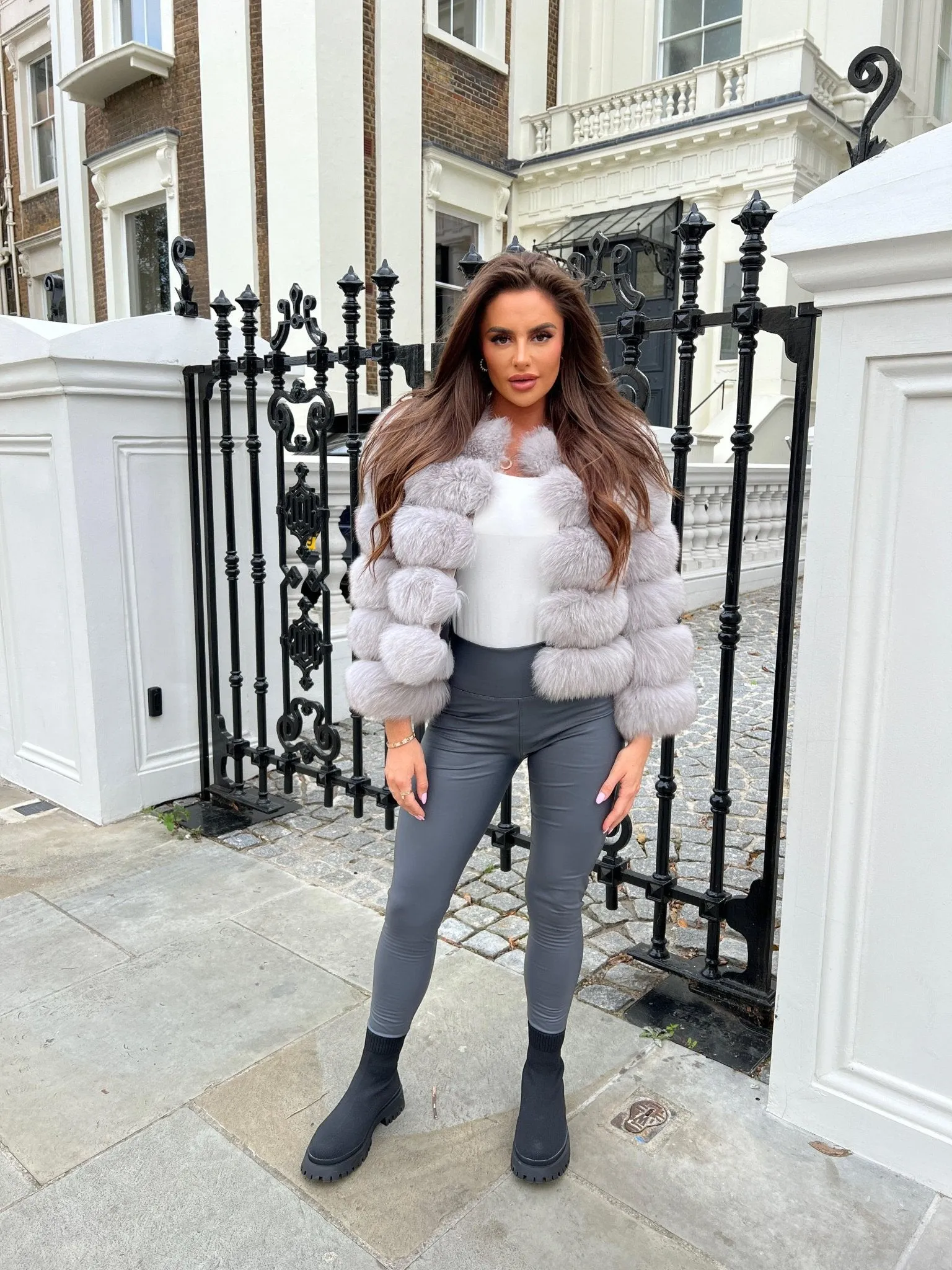 Light Grey Luxury Fur 5 Row Cropped Sleeve Jacket