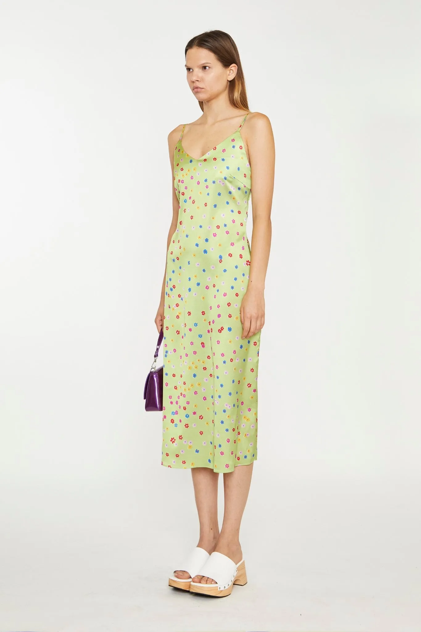 Lime-Multi Daisy Bias-Cut Slip Midi-Dress