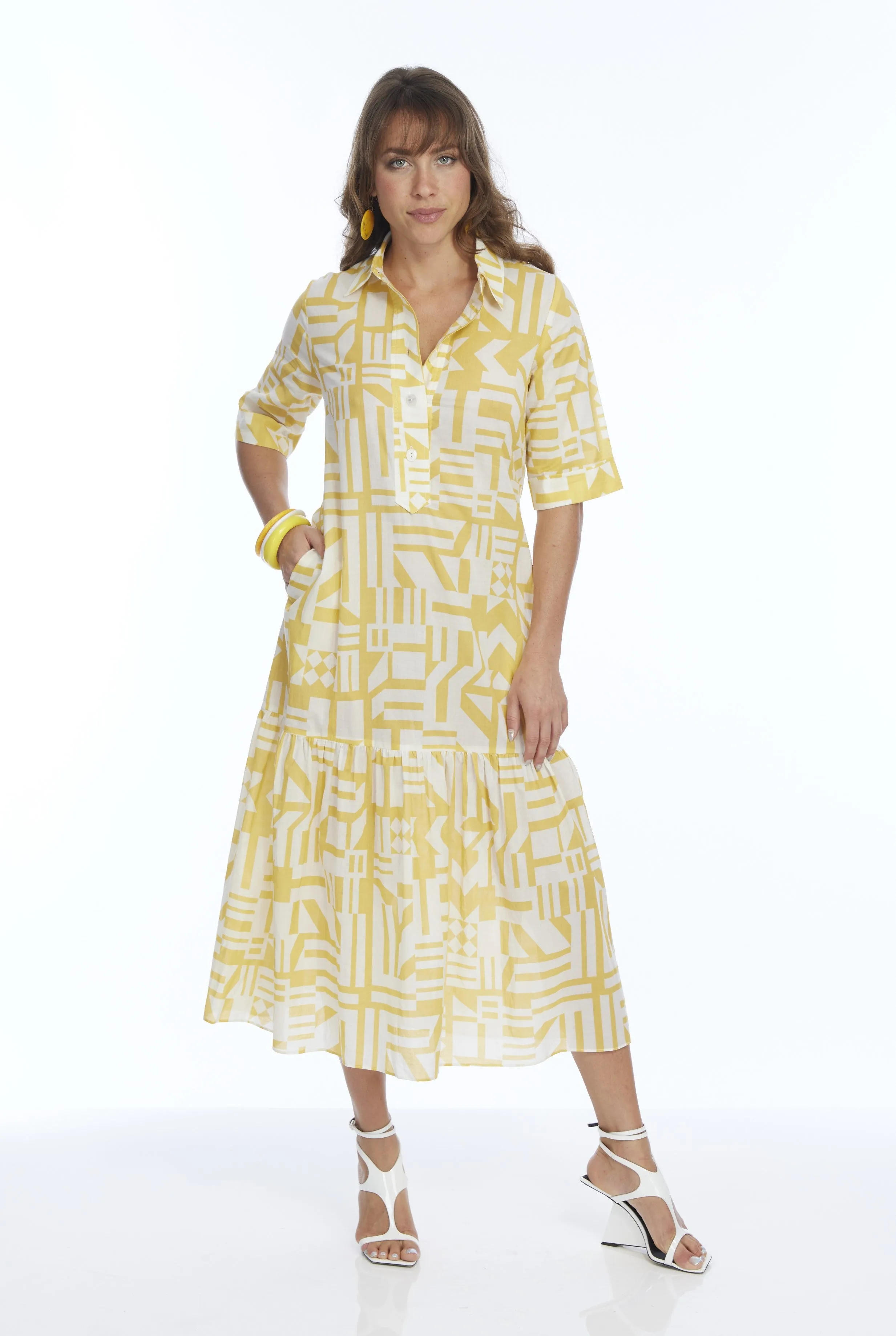 LIOR Women's Yellow Collared Half Sleeve Dress - "VEGA"