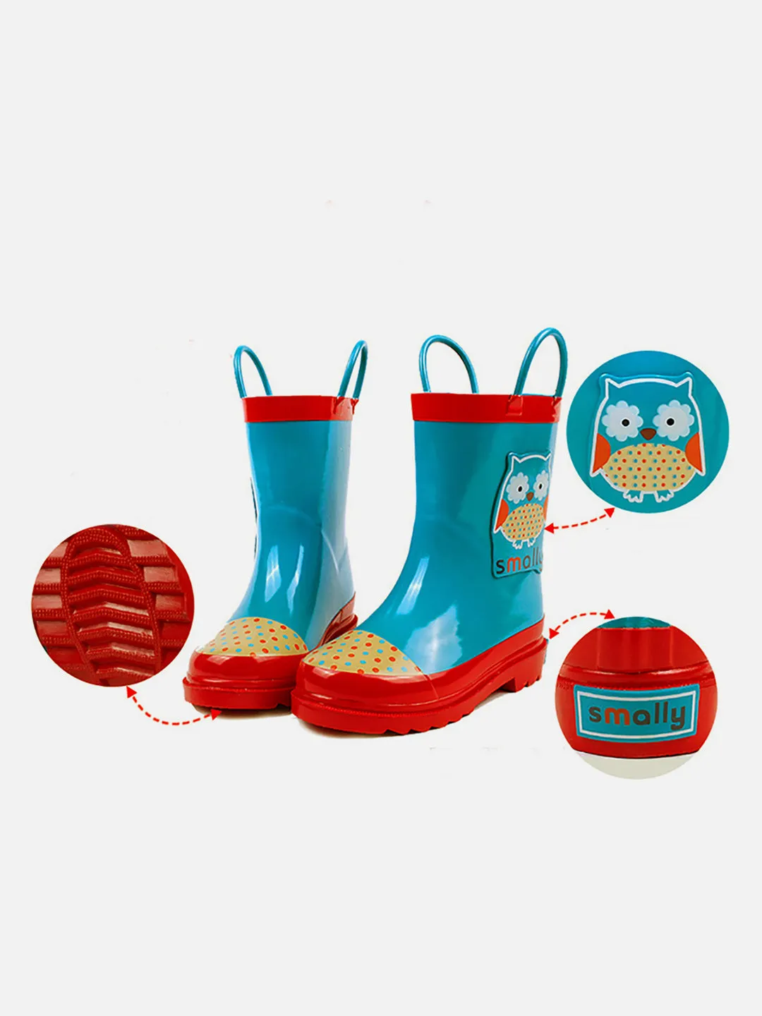 Little Surprise Box Blue Polka dots Owl Flexible Rubber Rain Gumboots for Toddlers and Kids