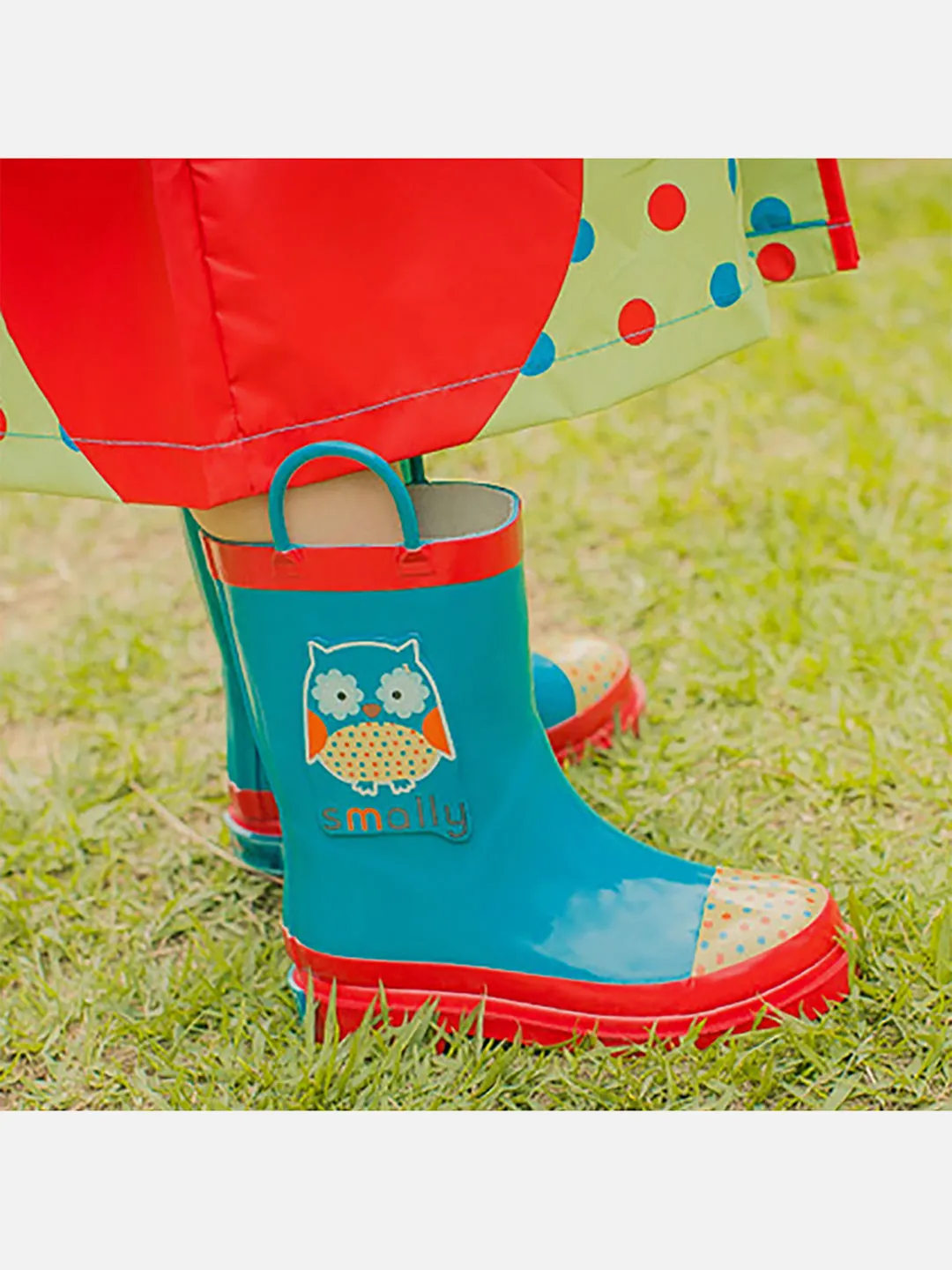 Little Surprise Box Blue Polka dots Owl Flexible Rubber Rain Gumboots for Toddlers and Kids