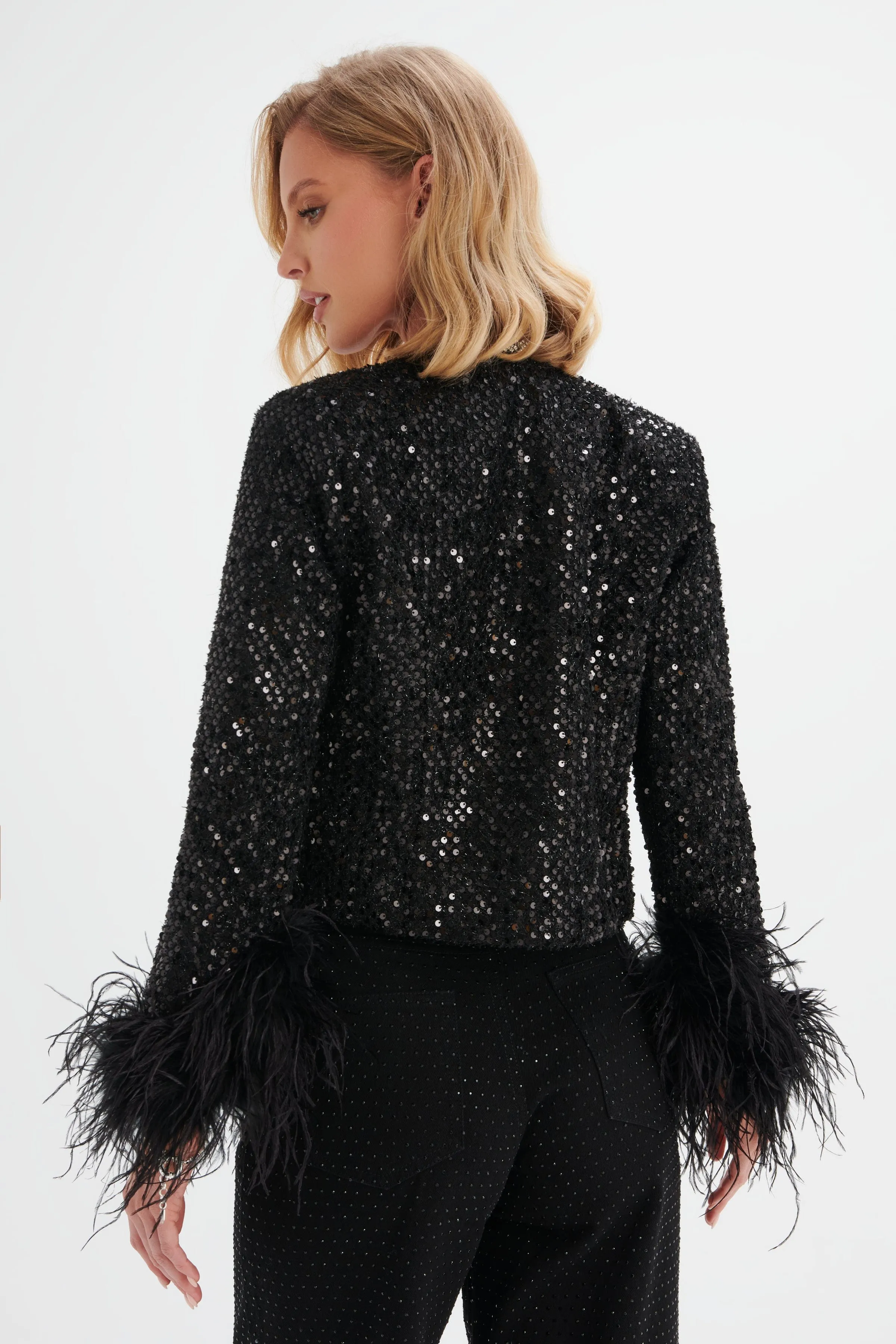 LOLA Sequin Boucle Jacket with Feather Cuffs in Black