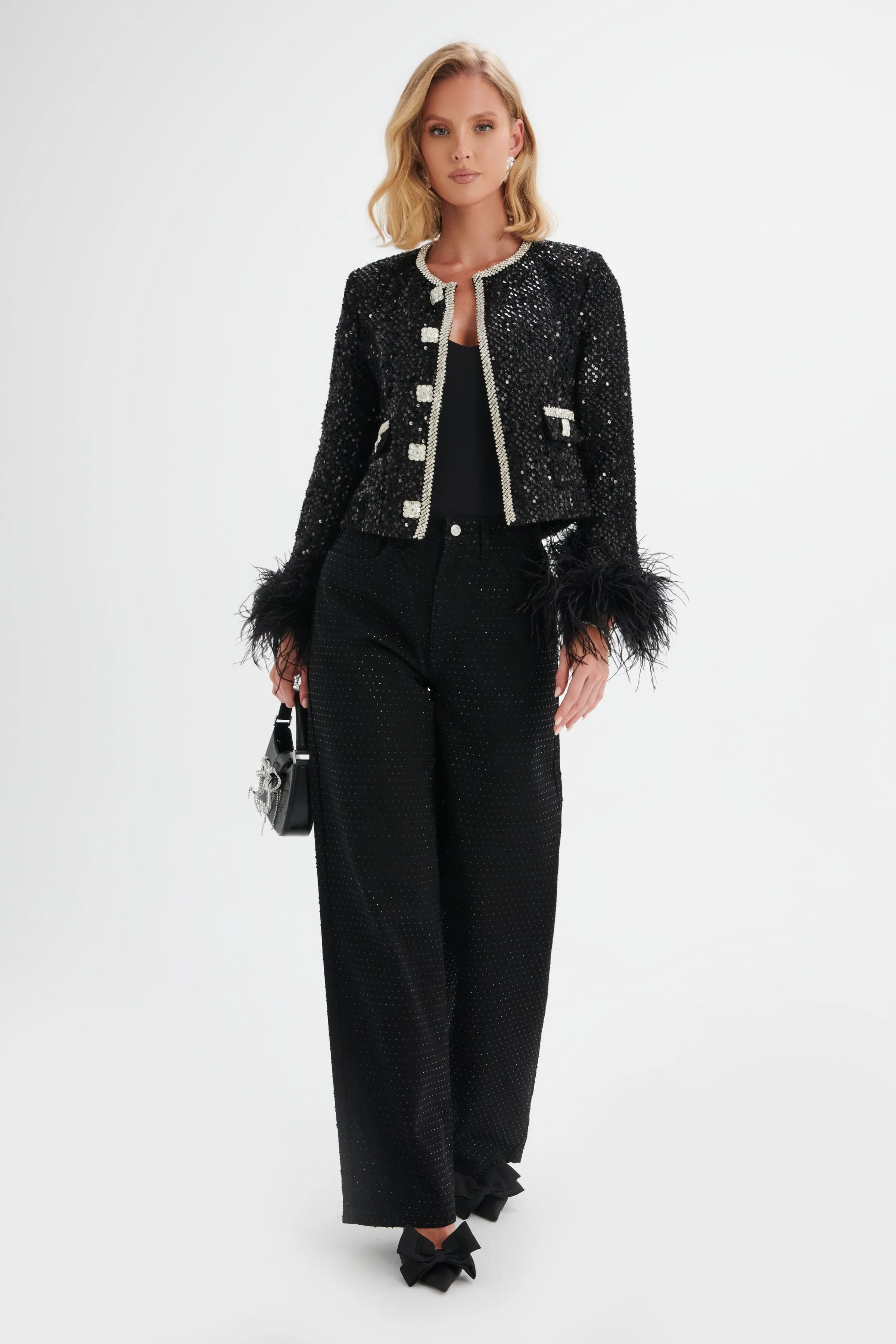 LOLA Sequin Boucle Jacket with Feather Cuffs in Black