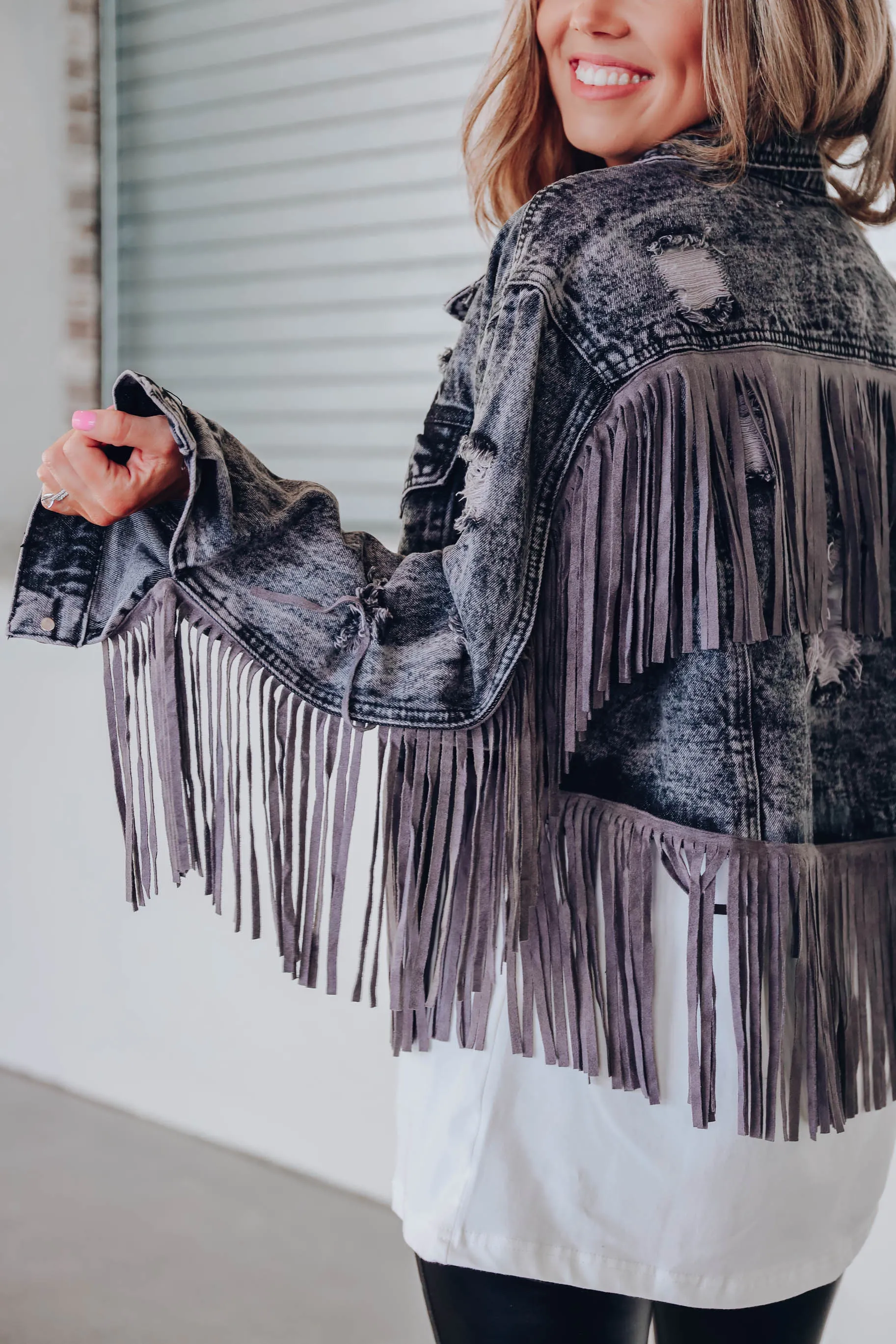 Maren Distressed Fringe Denim Jacket - Grey