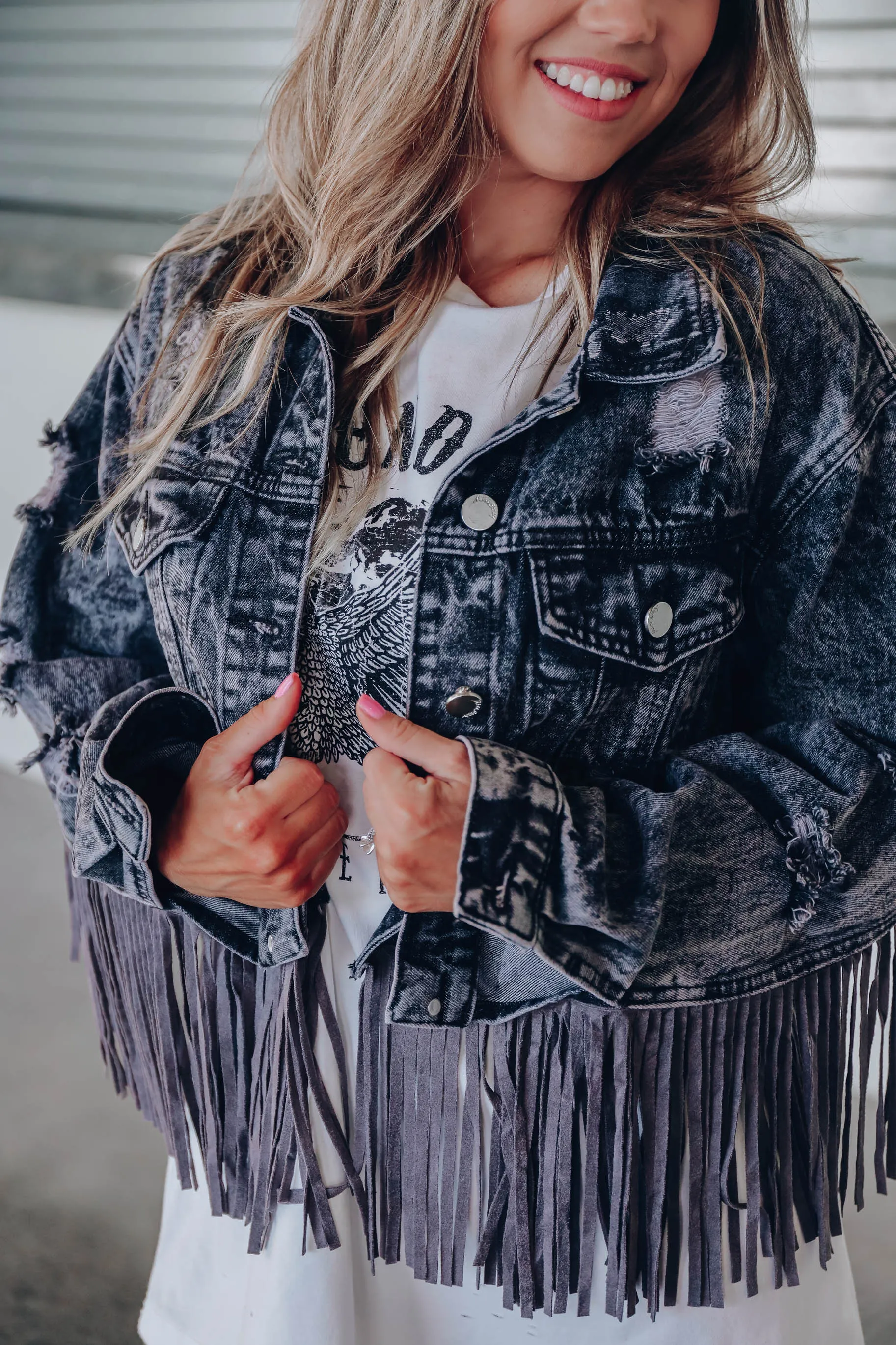 Maren Distressed Fringe Denim Jacket - Grey