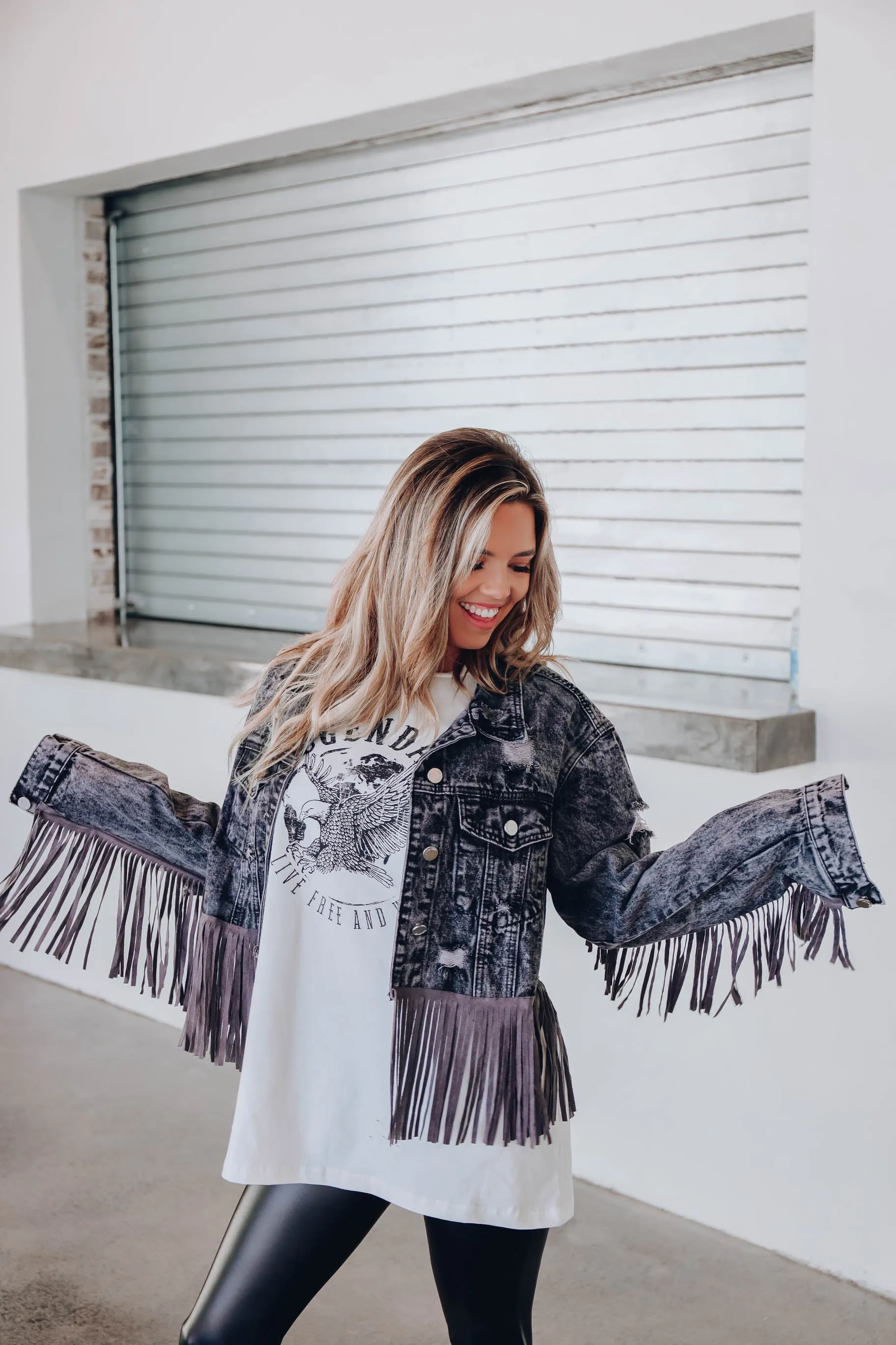 Maren Distressed Fringe Denim Jacket - Grey