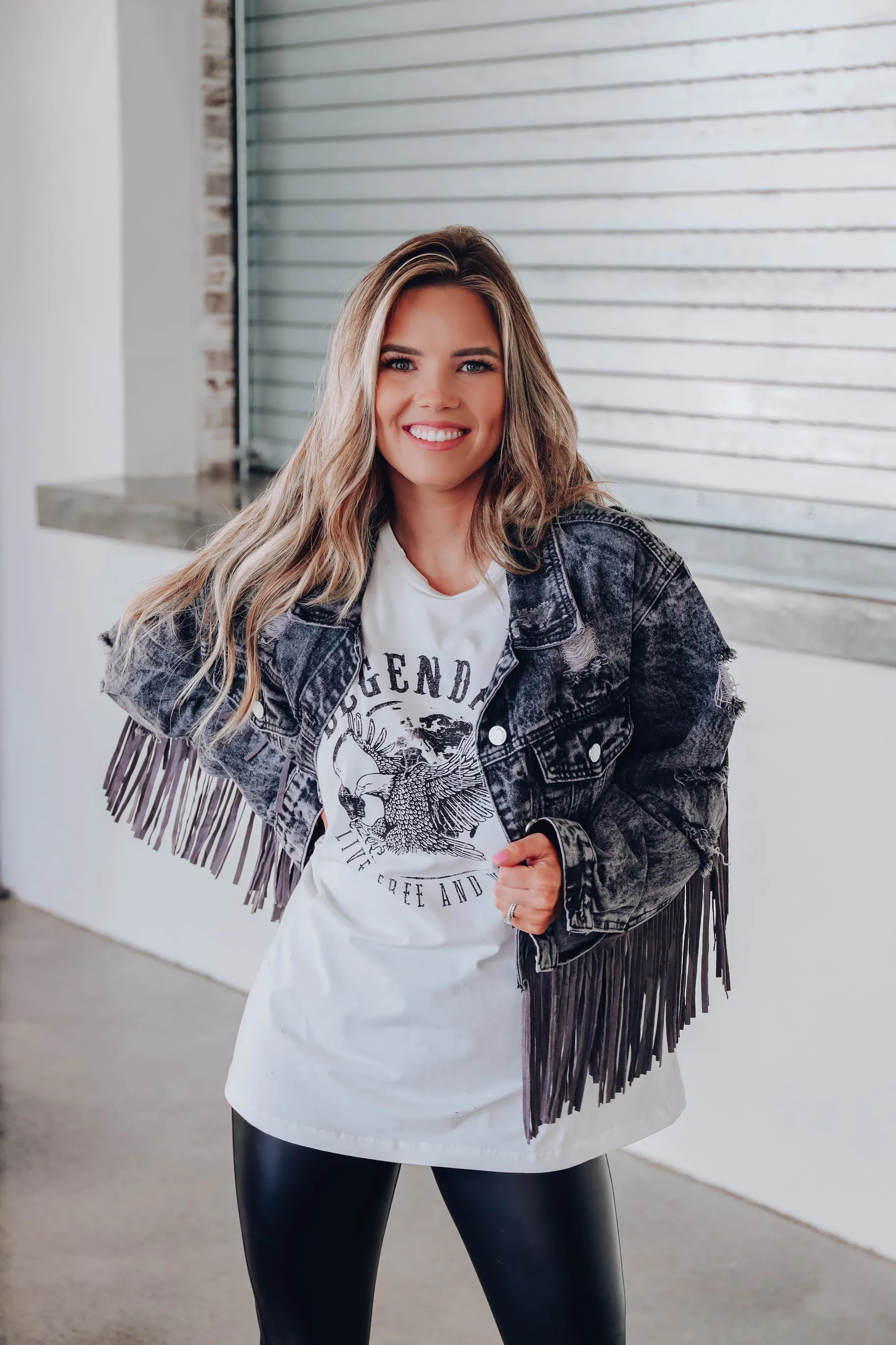 Maren Distressed Fringe Denim Jacket - Grey