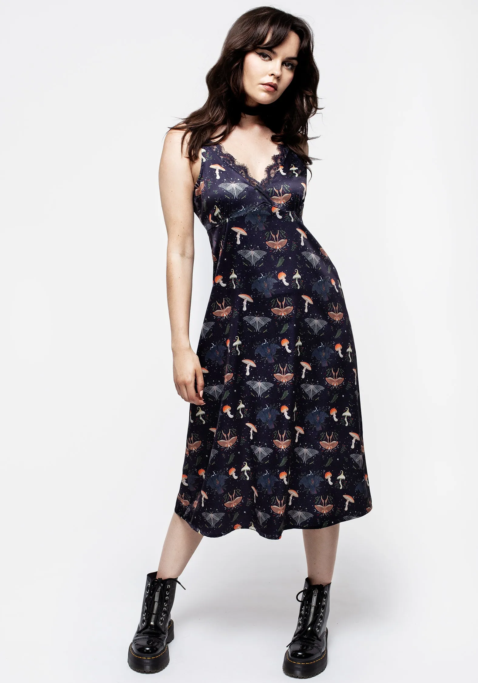 Medeina Print Lace Trim Satin Midi Slip Dress