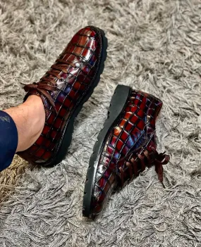 Men's Burgundy Alligator Texture Lace Up Shoes, Handmade Shoes With Rubber Sole Style Shoes