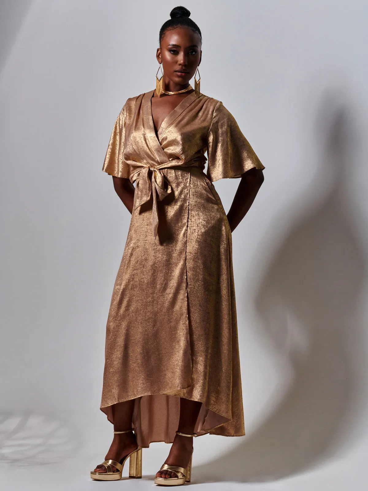 Metallic Effect Wrap Maxi Dress, Gold