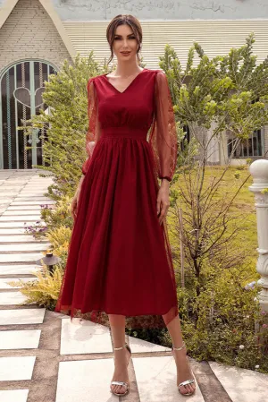 Midi Burgundy Long Sleeve V-Neck Party Dress