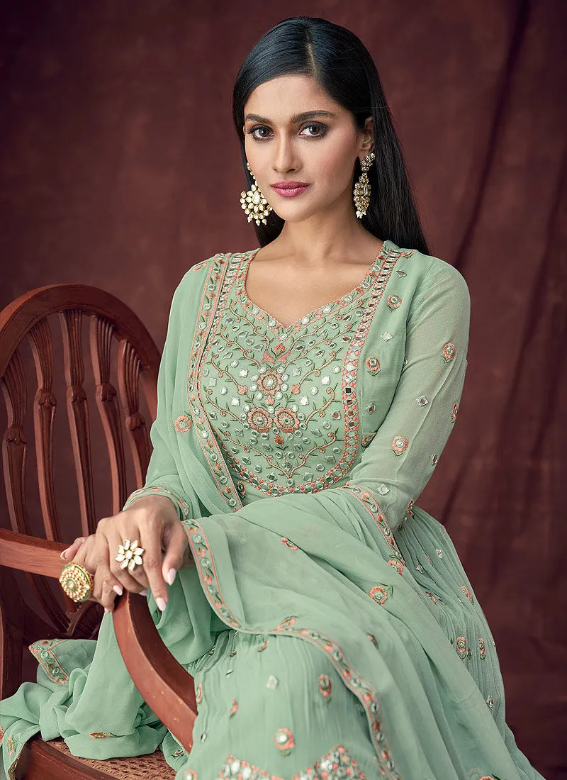 Mint Green Embroidered Peplum Style Anarkali Lehenga Suit