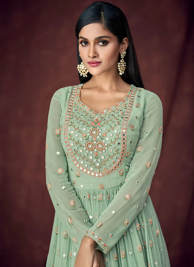 Mint Green Embroidered Peplum Style Anarkali Lehenga Suit