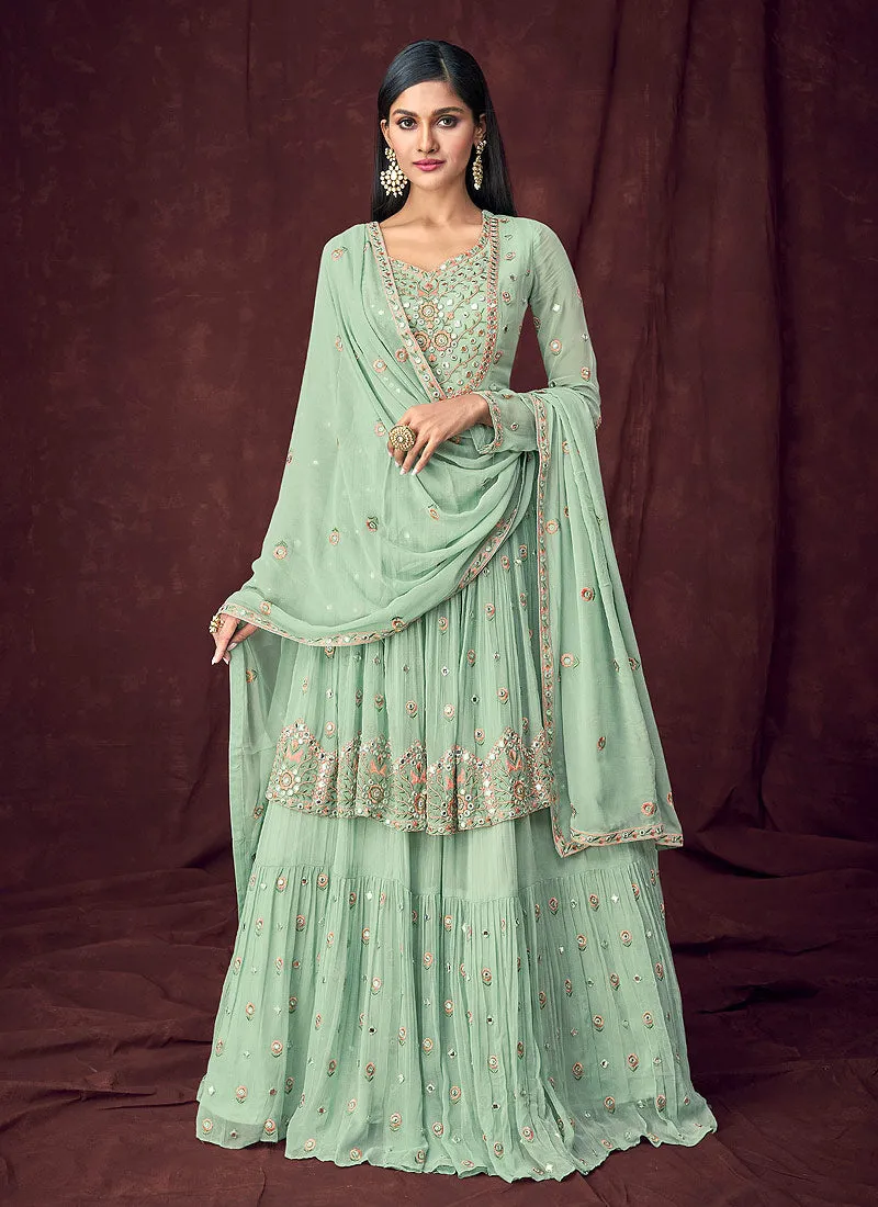 Mint Green Embroidered Peplum Style Anarkali Lehenga Suit