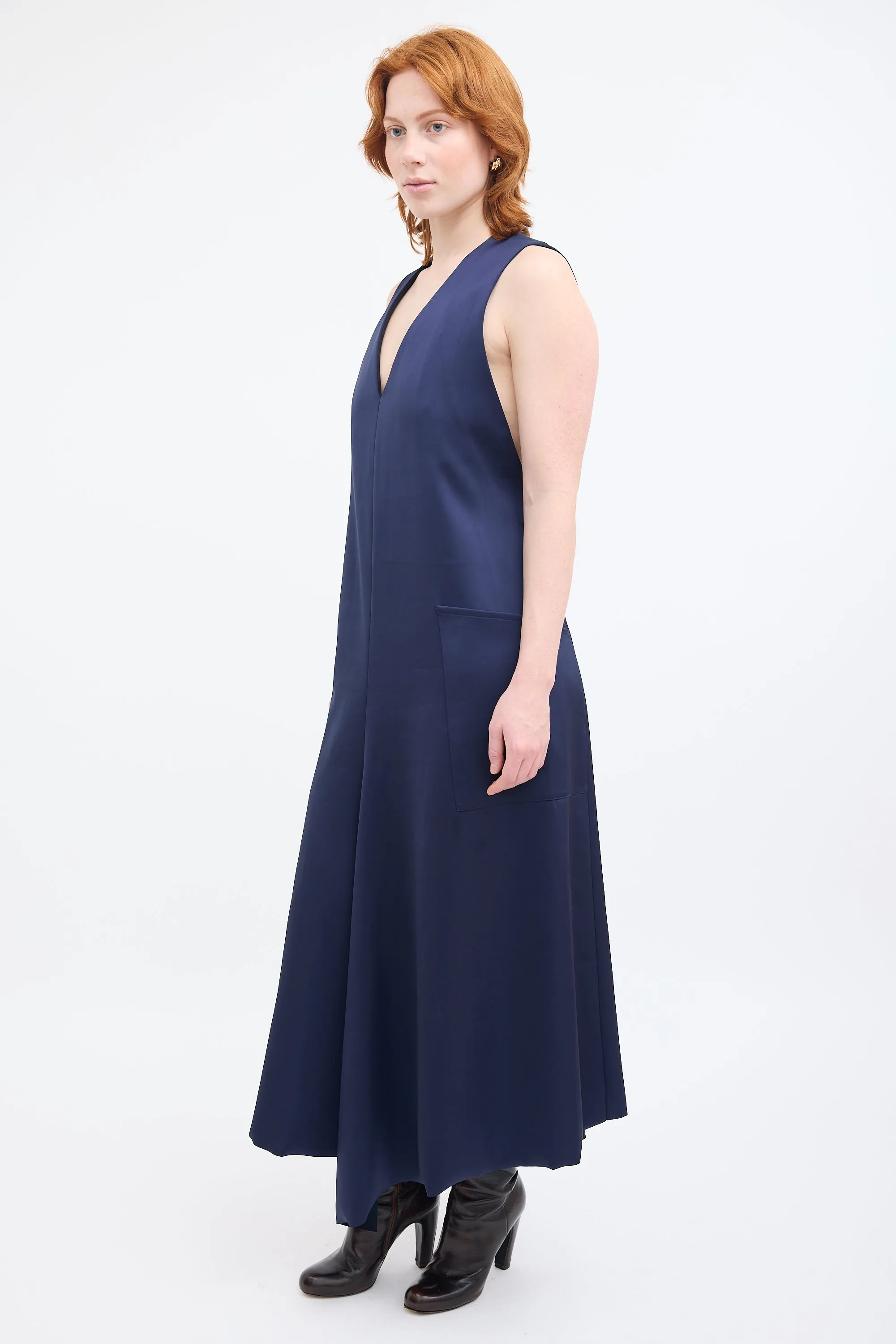 Navy Sleeveless V-Neck Midi Dress