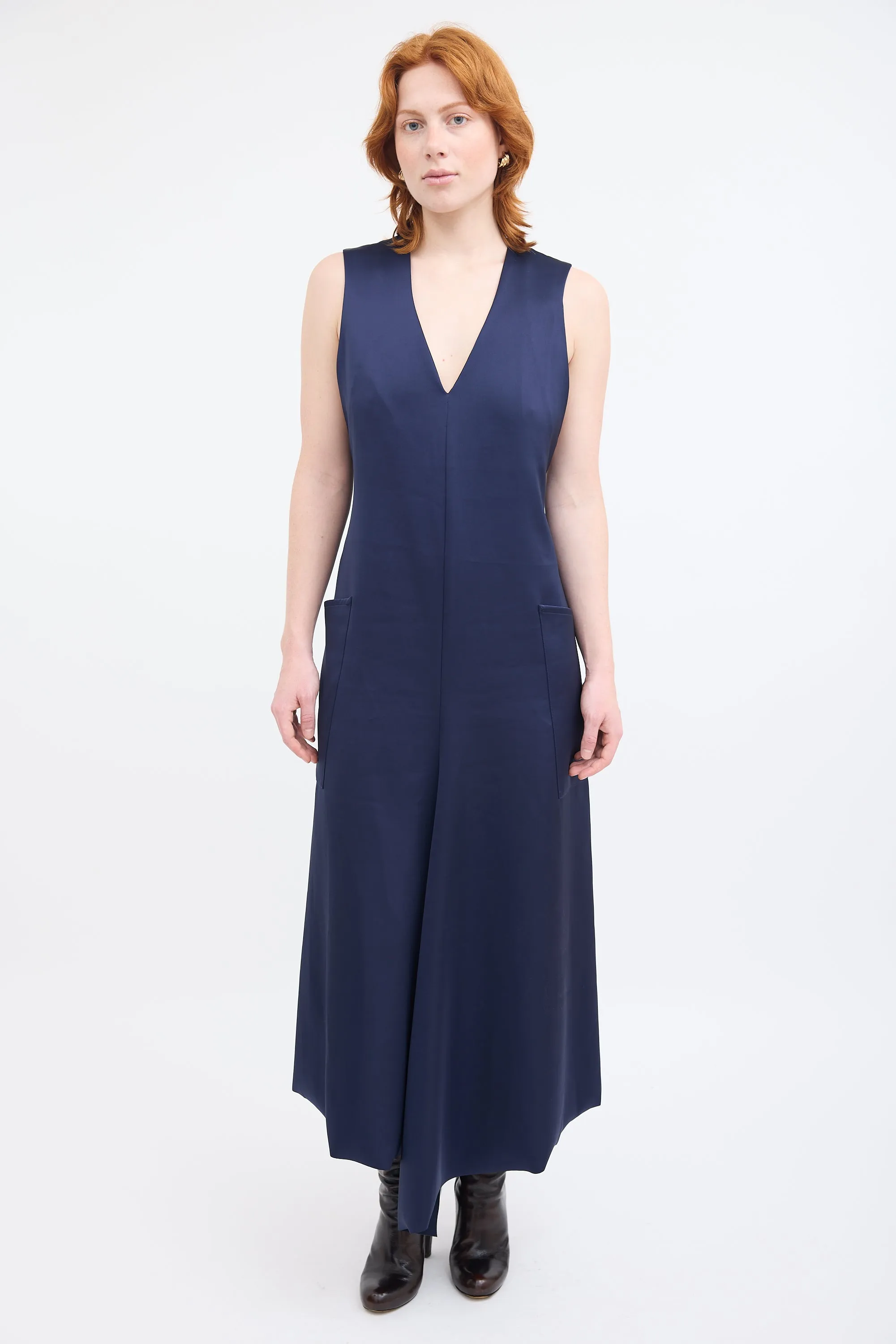 Navy Sleeveless V-Neck Midi Dress