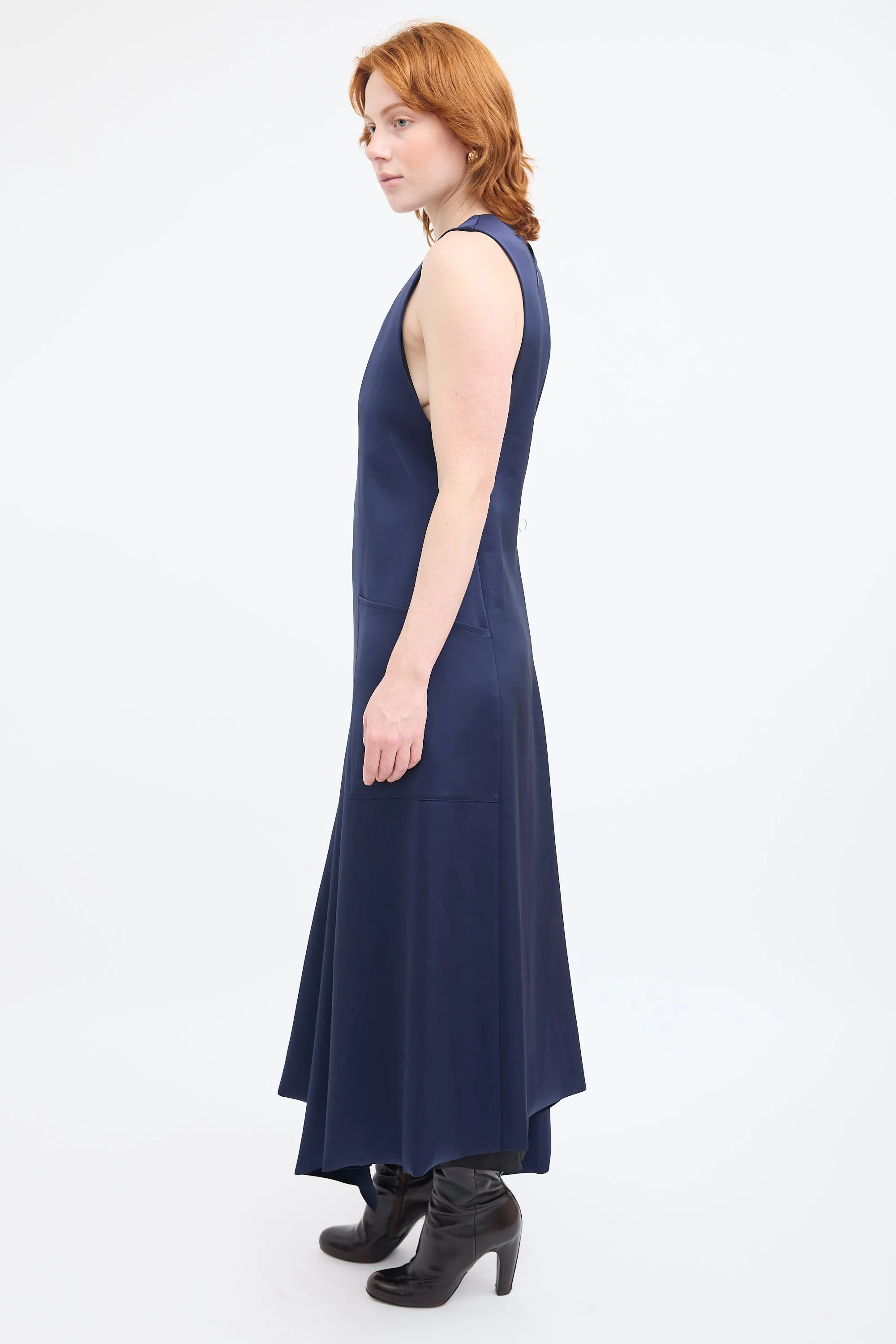 Navy Sleeveless V-Neck Midi Dress