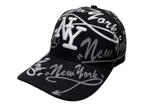 New York "NY" XM Black & White/Gray Script Semi-Structured Adj. Hat Cap AA572