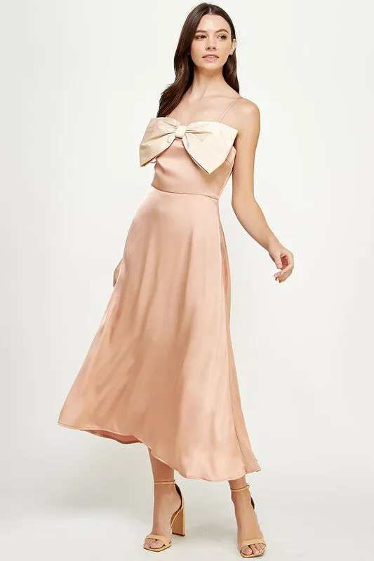 Nude/Champagne Bow Detail Satin Dress