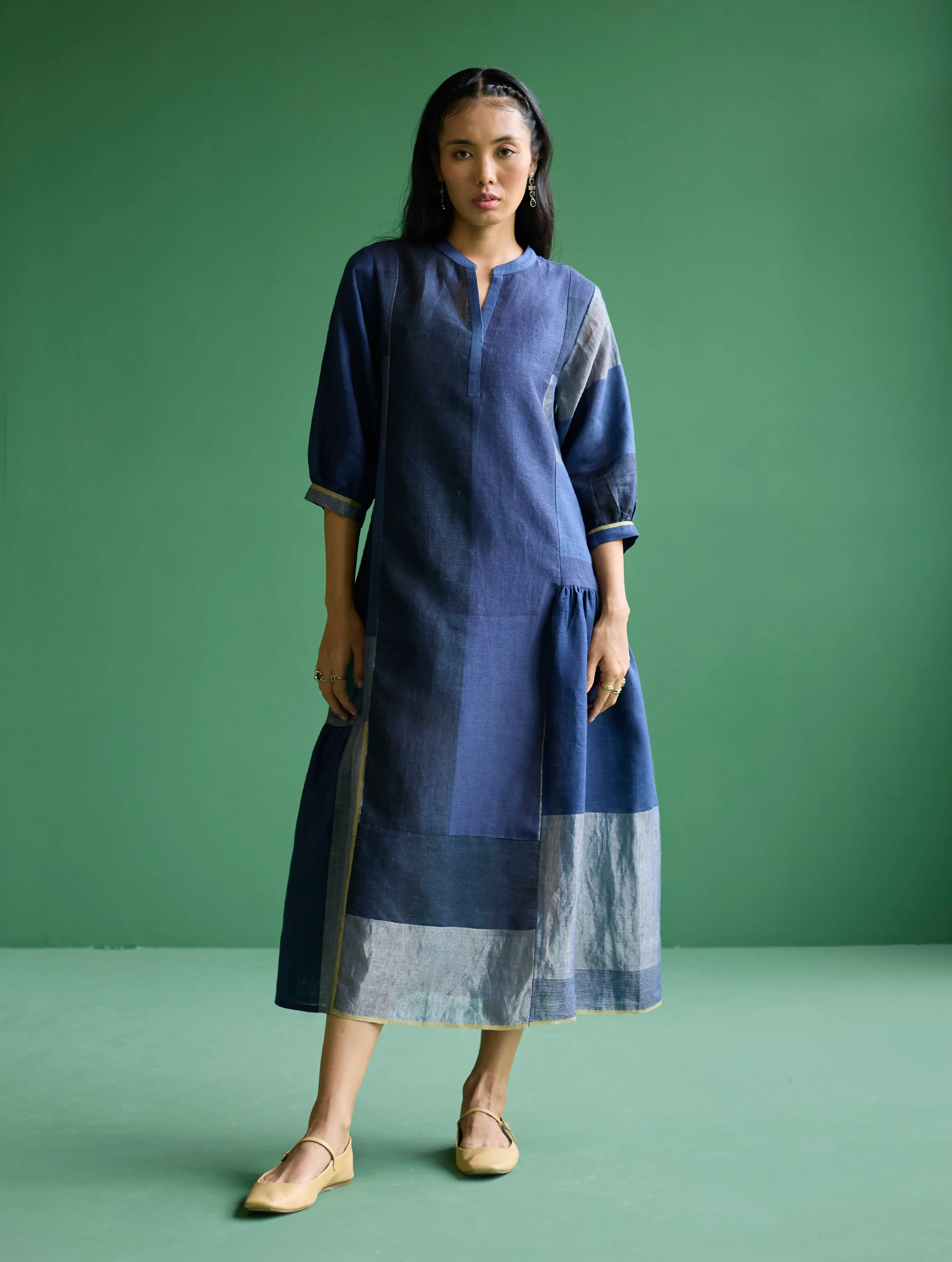 Nura Metallic Linen Paneled Dress - Navy