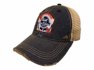 Pabst Blue Ribbon Beer Retro Brand Denim Distressed Mesh Snapback Hat Cap