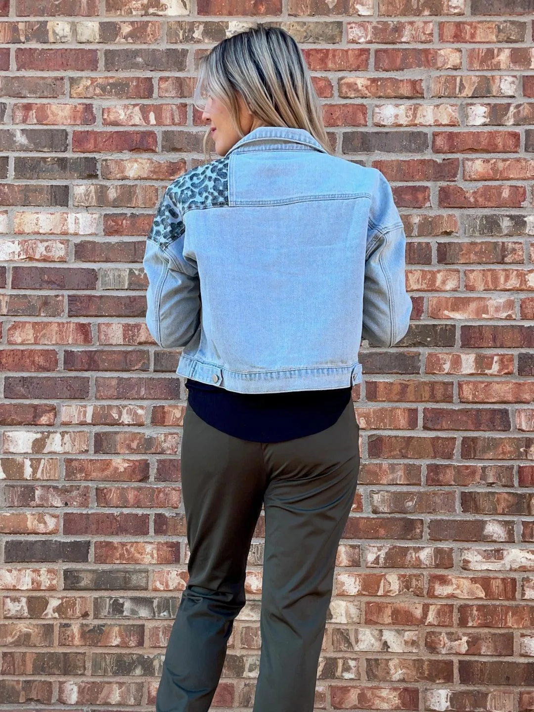 Patched Leopard It Girl Denim Jacket | Light Wash