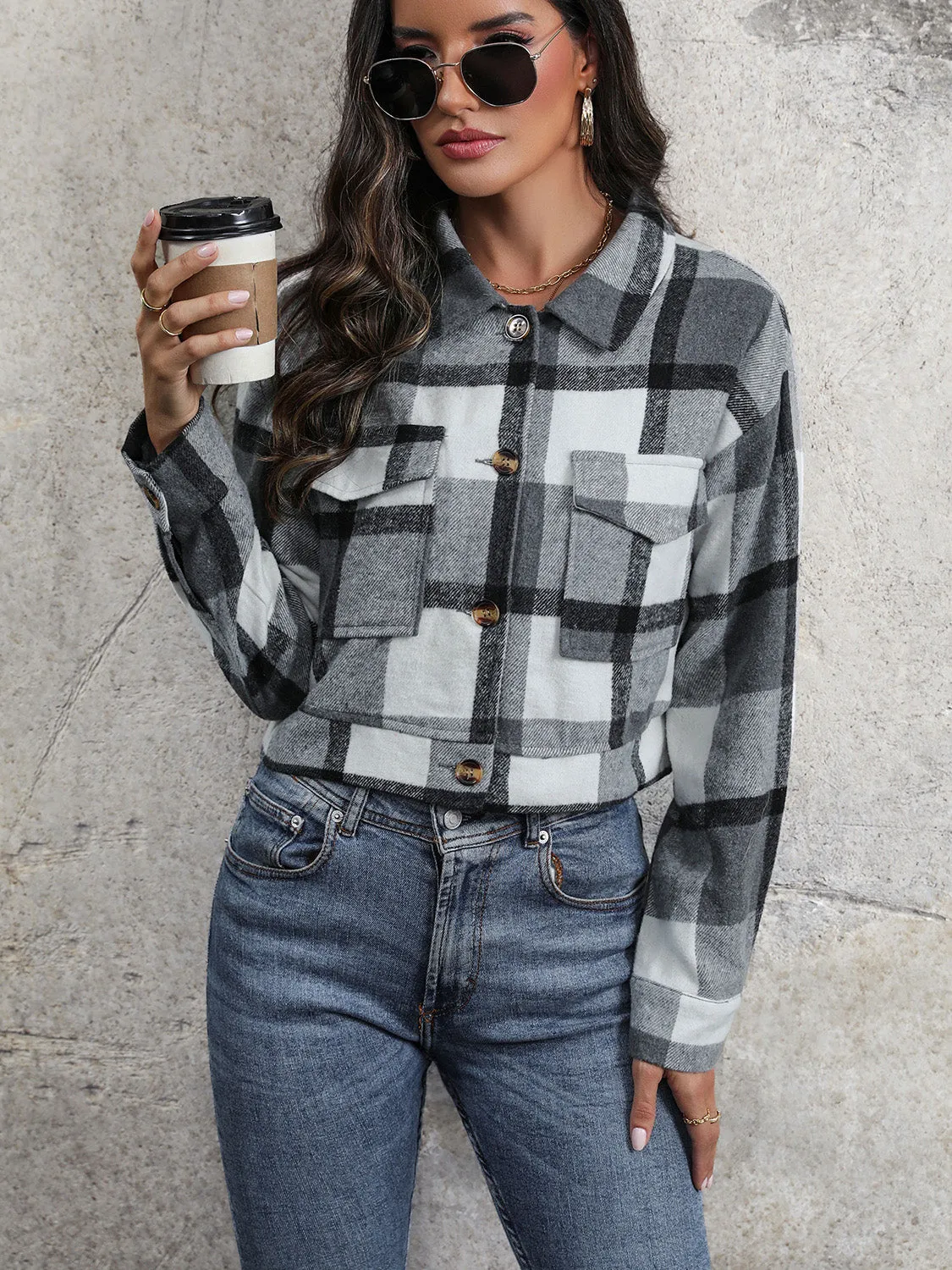 Perfee Plaid Button Up Drop Shoulder Cropped Jacket