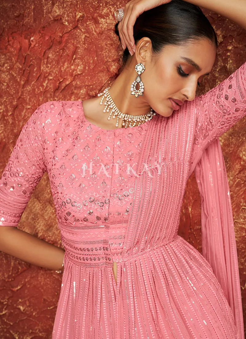 Pink Sequence Embroidered Jacket Style Sharara Suit