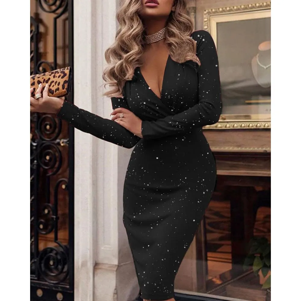 Plunging Neck Sequin Bodycon Metallic Long Sleeve Dress