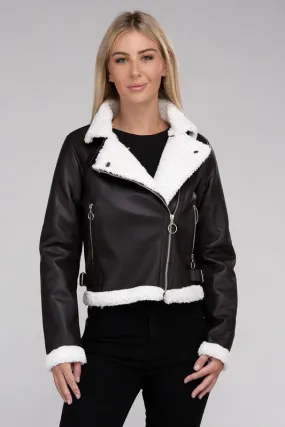 PLUSH TEDDY PU LEATHER JACKET