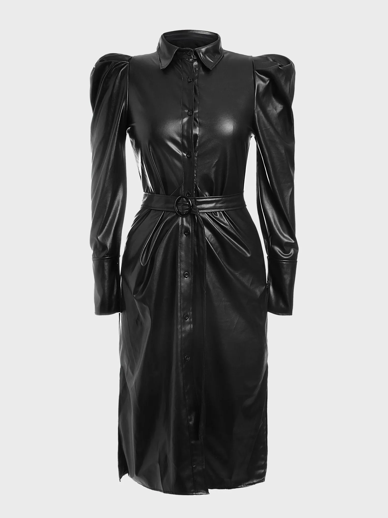 Puff Long Sleeve Faux Leather Belted Dress